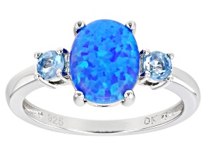 Lab Created Blue Opal Rhodium Over Sterling Silver 3-Stone Ring 0.14ctw