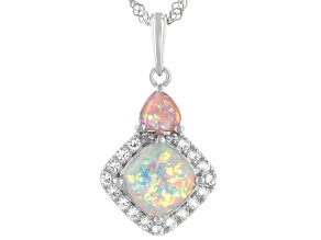 Lab Created White Opal Rhodium Over Silver Pendant with Chain 0.26ctw