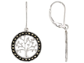 Gray Marcasite Rhodium Over Sterling Silver "Tree of Life" Dangle Earrings