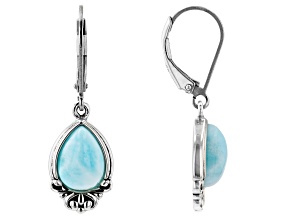 Blue Cabochon Larimar Rhodium Over Sterling Silver Solitaire Dangle Earrings