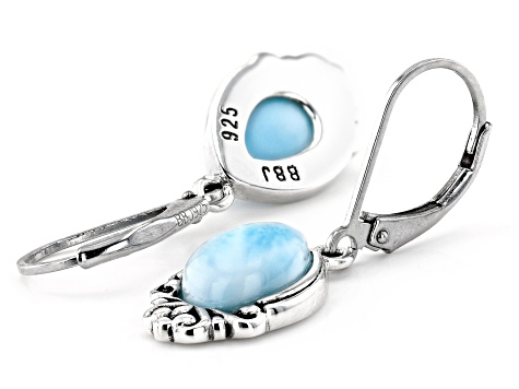 Blue Cabochon Larimar Rhodium Over Sterling Silver Solitaire Dangle Earrings