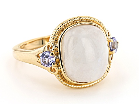 Faceted Blue Fire Rainbow Moonstone 18K Yellow Gold Over Sterling Silver Ring