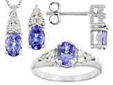 Tanzanite Rhodium Over Sterling Silver Pendant With Chain, Earring, And Ring Set 2.04ctw.