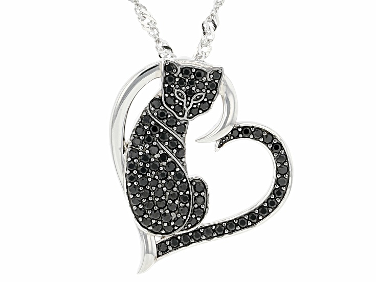 Black Spinel Rhodium Over Sterling Silver Cat Pendant With