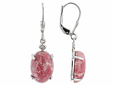 Oval Cabochon Thulite Rhodium Over Sterling Silver Dangle Earrings 14x10mm