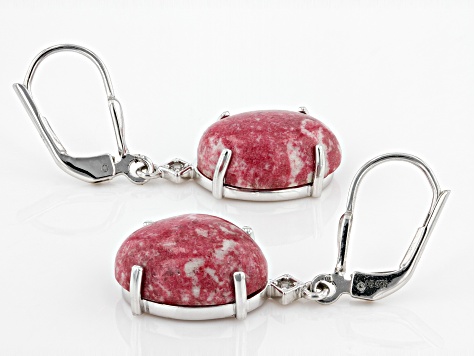 Oval Cabochon Thulite Rhodium Over Sterling Silver Dangle Earrings 14x10mm
