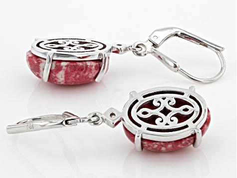 Oval Cabochon Thulite Rhodium Over Sterling Silver Dangle Earrings 14x10mm