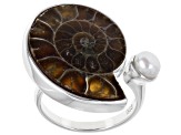 Ammonite Shell and Cultured Freshwater Pearl Sterling Silver Ring