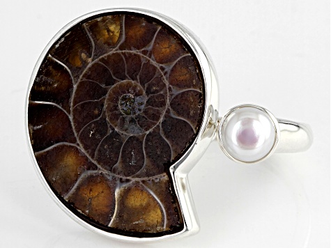 Ammonite Shell and Cultured Freshwater Pearl Sterling Silver Ring