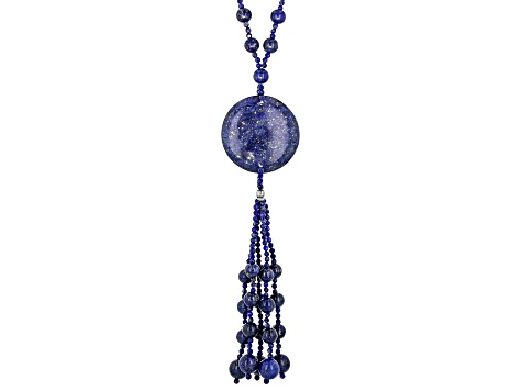 Blue Lapis Lazuli Rhodium Over Sterling Silver Tassel Necklace