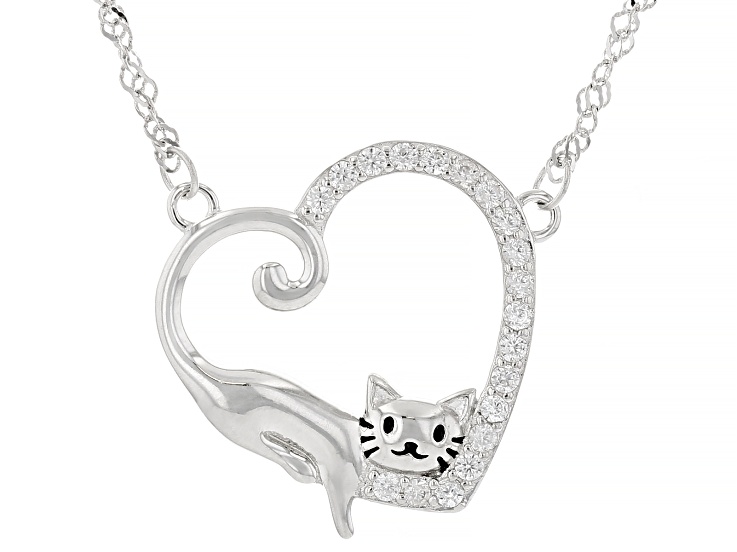 White Zircon Rhodium Over Sterling Silver Cat Necklace 0.44