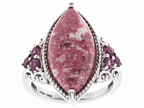 Pink Thulite Rhodium Over Sterling Silver Ring 0.43ctw