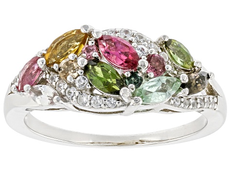 Multi -Color Tourmaline Rhodium Over Sterling Silver Band Ring 1.08ctw
