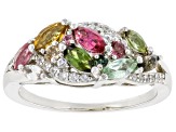 Multi -Color Tourmaline Rhodium Over Sterling Silver Band Ring 1.08ctw