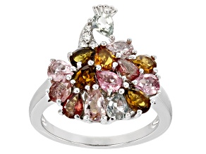 Pear Multi Color Tourmaline Rhodium Over Sterling Silver Ring 1.98ctw