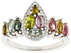 Multi Color Tourmaline Rhodium Over Sterling Silver Halo Ring 1.19ctw