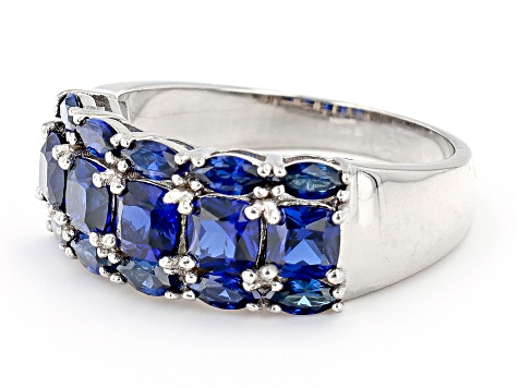 Blue Lab Created Sapphire Rhodium Over Sterling Silver band Ring 2.28ctw
