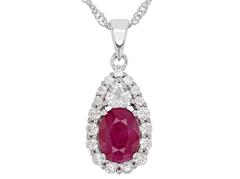 Red Ruby With White Zircon Rhodium Over Sterling Silver Pendant With Chain