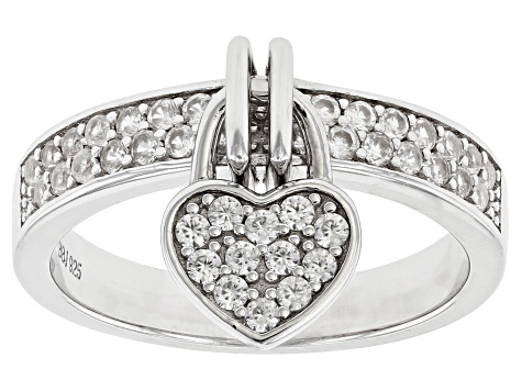 White Zircon Rhodium Over Sterling Silver Heart Charm Ring 0.80ctw