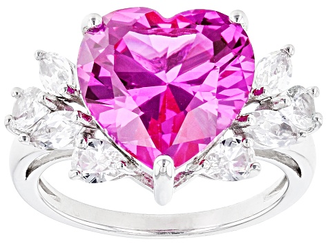 Pink Lab Created Sapphire Rhodium Over Sterling Silver Heart Ring 7.16ctw