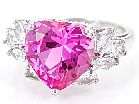 Pink Lab Created Sapphire Rhodium Over Sterling Silver Heart Ring 7.16ctw