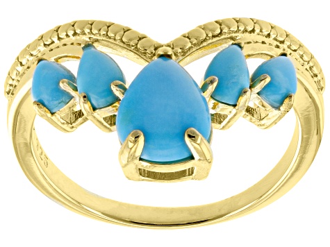 Blue Pear Sleeping Beauty Turquoise 18k Yellow Gold Over Sterling Silver Ring 8x6mm