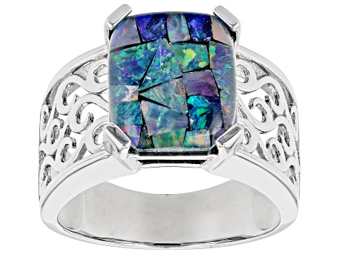 Multi Color Mosaic Opal Triplet Rhodium Over Sterling Silver Ring 3.40ctw