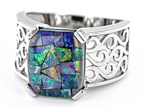 Multi Color Mosaic Opal Triplet Rhodium Over Sterling Silver Ring 3.40ctw