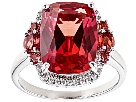 Orange Lab Created Padparadscha Sapphire Rhodium Over Sterling Silver Ring 8.15ctw