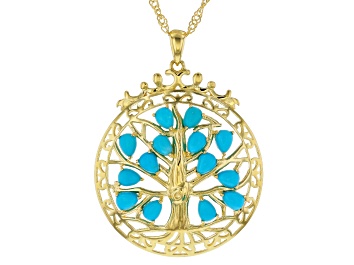 Picture of Blue Sleeping Beauty Turquoise 18k Yellow Gold Over  Silver Tree of Life Pendant With Chain