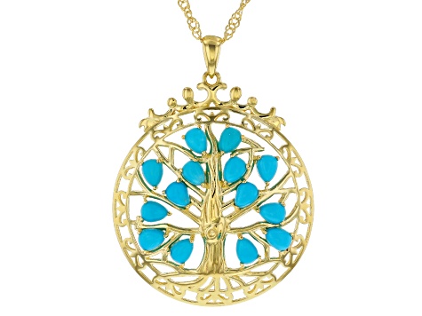 Blue Sleeping Beauty Turquoise 18k Yellow Gold Over  Silver Tree of Life Pendant With Chain