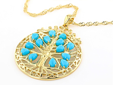 Blue Sleeping Beauty Turquoise 18k Yellow Gold Over  Silver Tree of Life Pendant With Chain