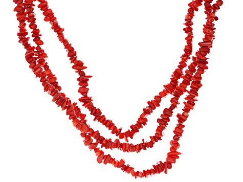 Red Bamboo Coral Chips Rhodium Over Sterling Silver 3-Strand Necklace