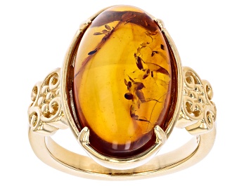 Picture of Orange Oval Amber 18k Yellow Gold Over Sterling Silver Ring