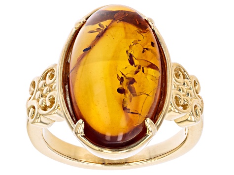 Orange Oval Amber 18k Yellow Gold Over Sterling Silver Ring