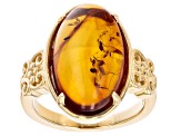 Orange Oval Amber 18k Yellow Gold Over Sterling Silver Ring