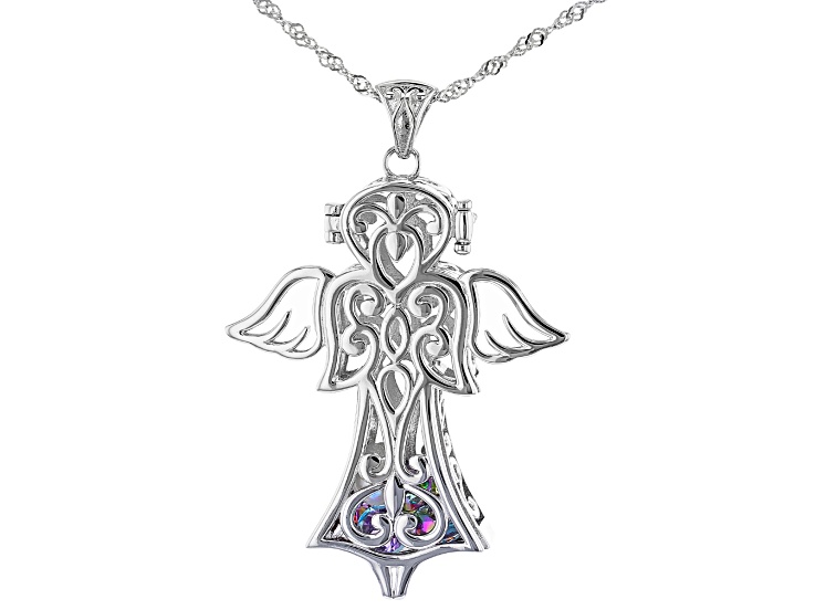 Multi-Color Gemstone Rhodium Over Silver Angel Prayer Box