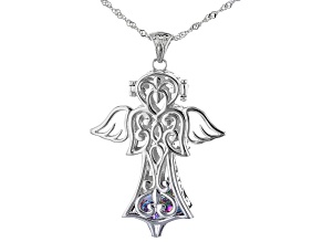Multi-Color Gemstone Rhodium Over Silver Angel Prayer Box Pendant With Chain 3.99ctw