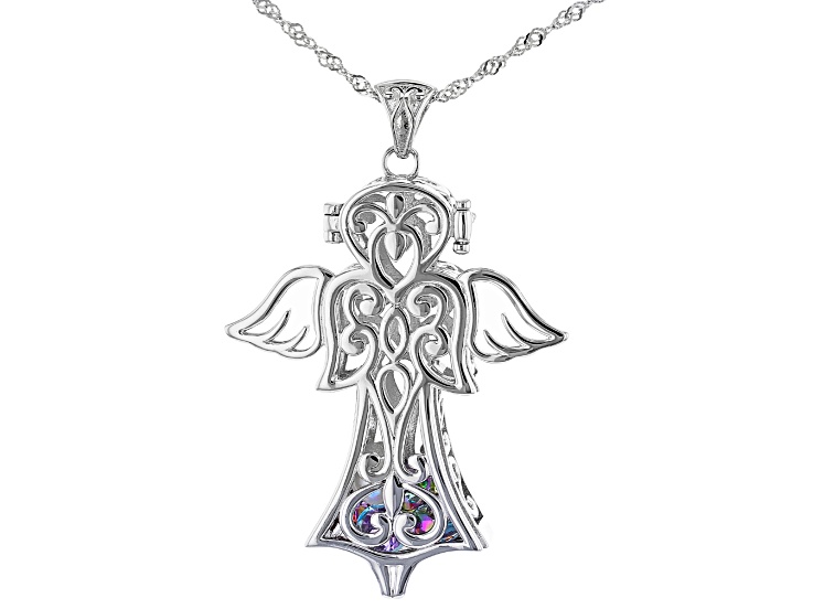 Multi-Color Gemstone Rhodium Over Silver Angel Prayer Box Pendant with Chain 3.99ctw