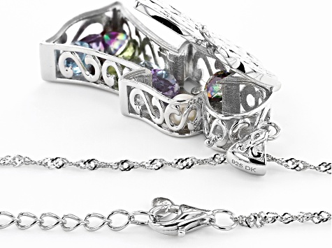 Multi-Color Gemstone Rhodium Over Silver Angel Prayer Box Pendant With Chain 3.99ctw