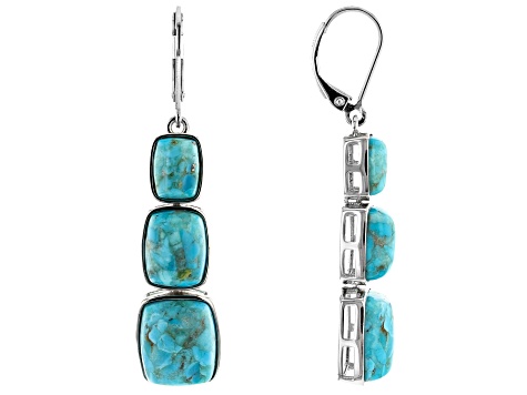 Blue Composite Turquoise Rhodium Over Sterling Silver 3-Stone Dangle Earrings