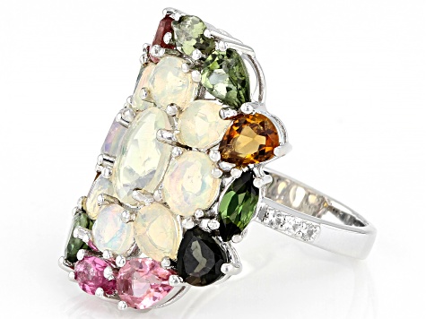 Multi-Color Ethiopian Opal Rhodium Over Sterling Silver Ring 4.68ctw