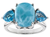 Blue Larimar Rhodium Over Silver 3-Stone Ring 1.79ctw