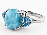 Blue Larimar Rhodium Over Silver 3-Stone Ring 1.79ctw