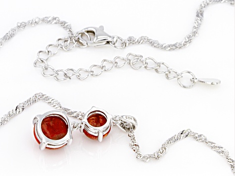 Red Coral Rhodium Over Silver 2-stone Pendant With Chain