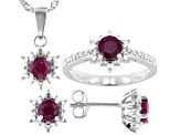 Red Ruby Rhodium Over Sterling Silver Ring, Earrings And Pendant With Chain Set 2.07ctw