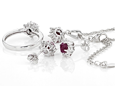 Red Ruby Rhodium Over Sterling Silver Ring, Earrings And Pendant With Chain Set 2.07ctw