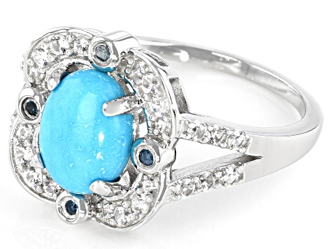 Blue Sleeping Beauty Turquoise, Blue Diamond Accent, Zircon Rhodium Over Silver Ring 1.54ctw