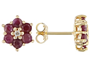 Red Round Ruby and  White Diamond Accent 18k Yellow Gold Over Silver Flower Earrings 2.17ctw
