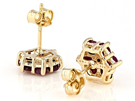 Red Round Ruby and  White Diamond Accent 18k Yellow Gold Over Silver Flower Earrings 2.17ctw